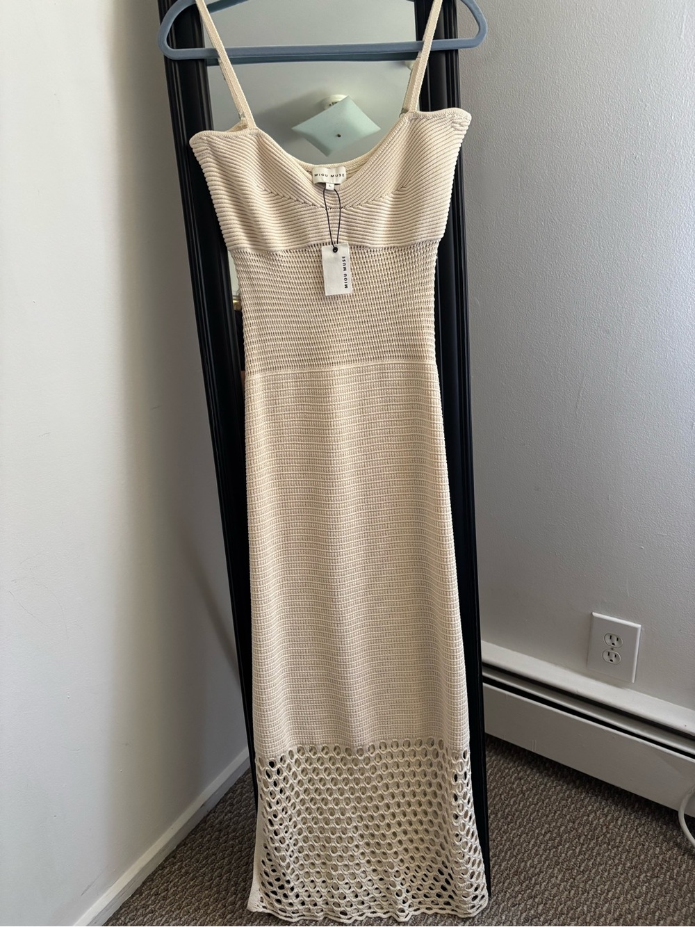 Miou Muse Cream Colored Spaghetti Strap Knit Maxi Dress- Crochet Detail